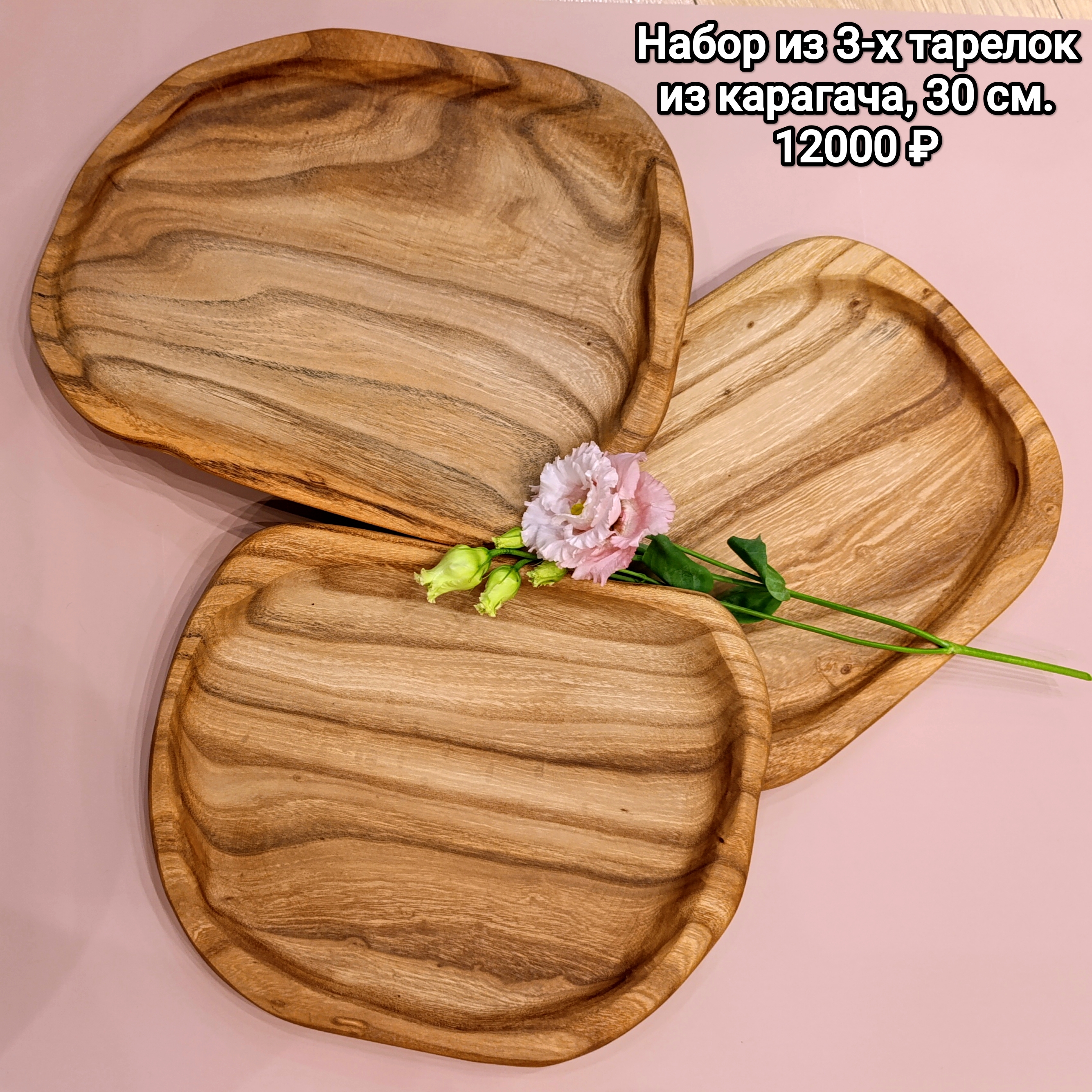 Тарелки из карагача на фоне травы. 